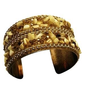 Vintage Gold‑Tone Beaded Bangle • Cream Resin & Amber Rhinestones • 2.75” Diam